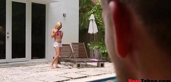 Blonde hot sister fucked while dad is sleeping!